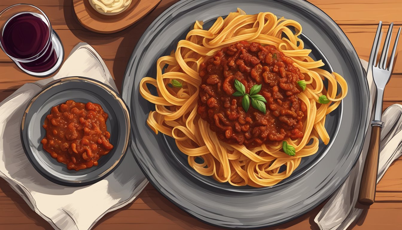 A rustic wooden table set with a steaming plate of Texas-style pasta topped with rich bolognese sauce, accompanied by a glass of red wine