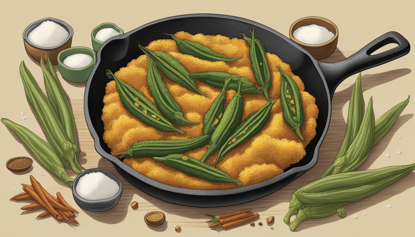 A cast iron skillet sizzling with golden-brown breaded okra, surrounded by traditional southern spices and ingredients