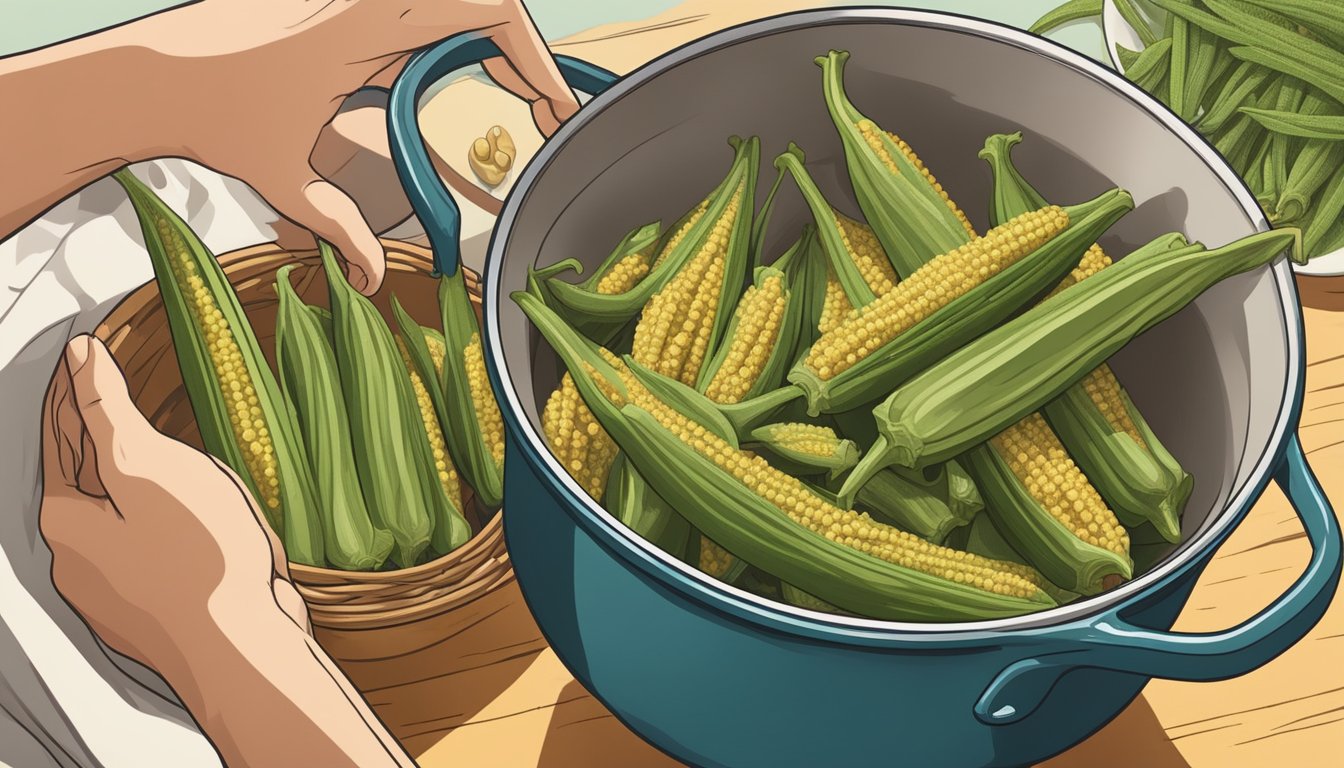 A hand reaching into a basket of fresh okra, a bowl of seasoned cornmeal, and a sizzling pot of hot oil on a stovetop