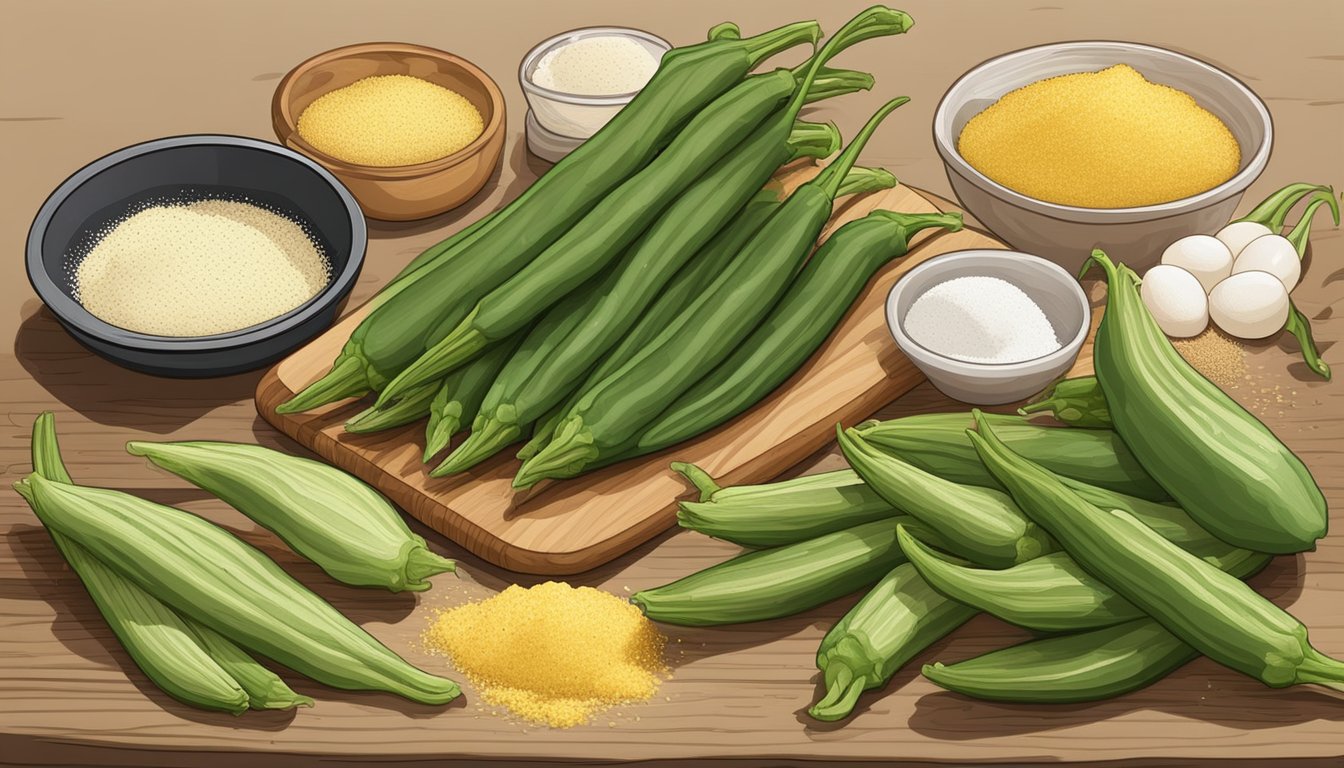 A wooden cutting board with fresh okra, cornmeal, eggs, and seasonings laid out next to a deep fryer