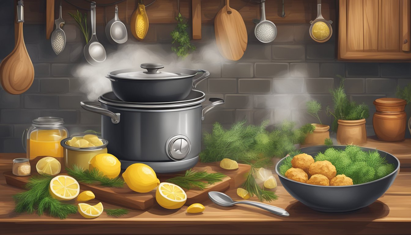 A rustic kitchen with a steaming pot of lemon dill chicken meatball soup surrounded by fresh ingredients and a warm, inviting atmosphere