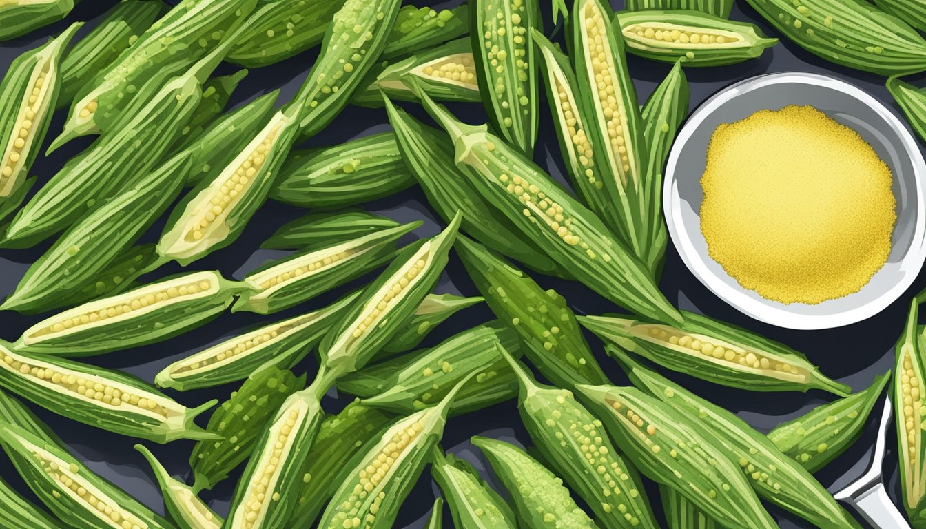 Fresh okra being sliced and coated in seasoned cornmeal, ready for frying in a sizzling hot skillet