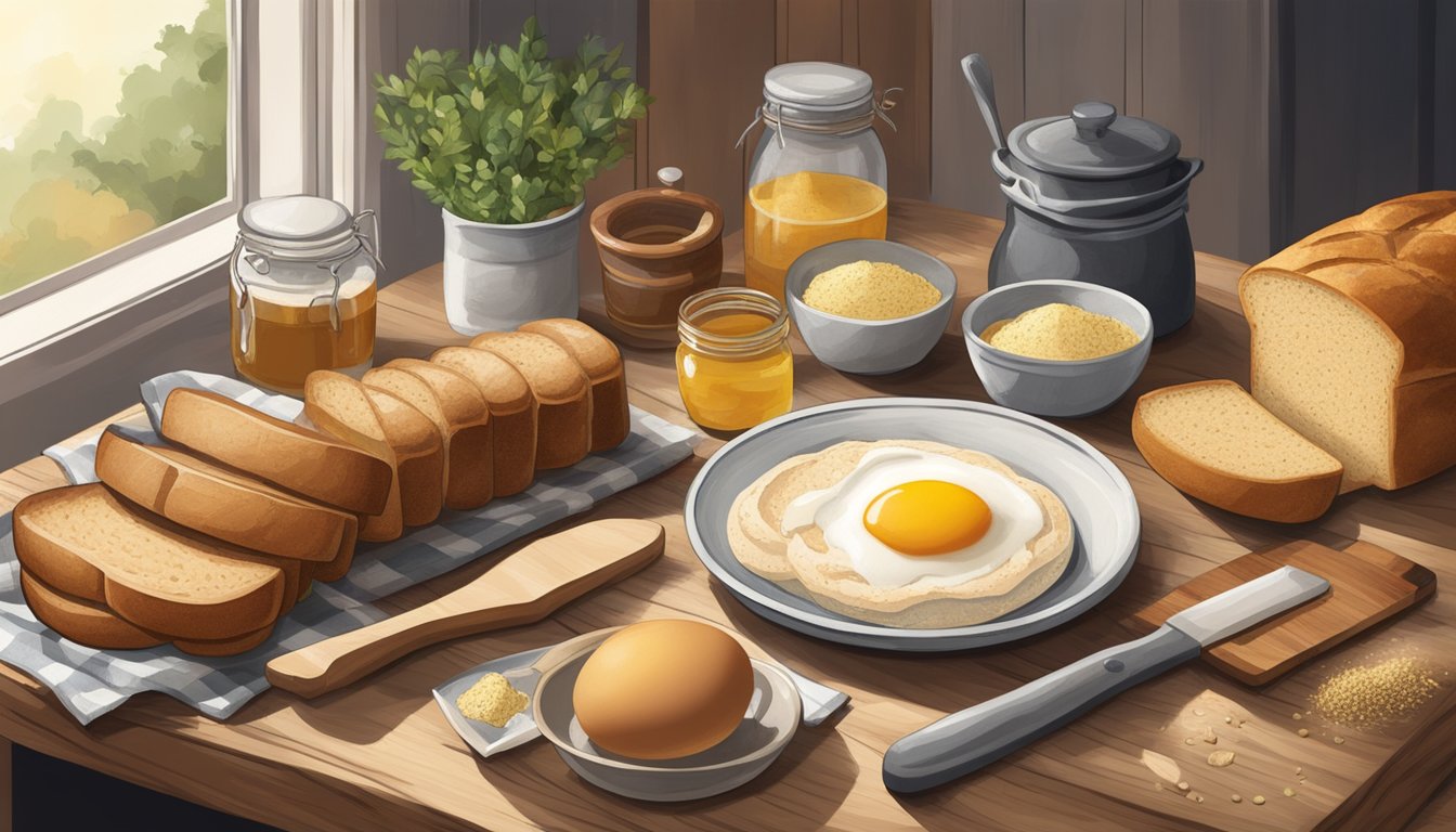 A rustic kitchen with a Texas flair, featuring a loaf of freshly baked paleo bread surrounded by ingredients like almond flour, eggs, and honey