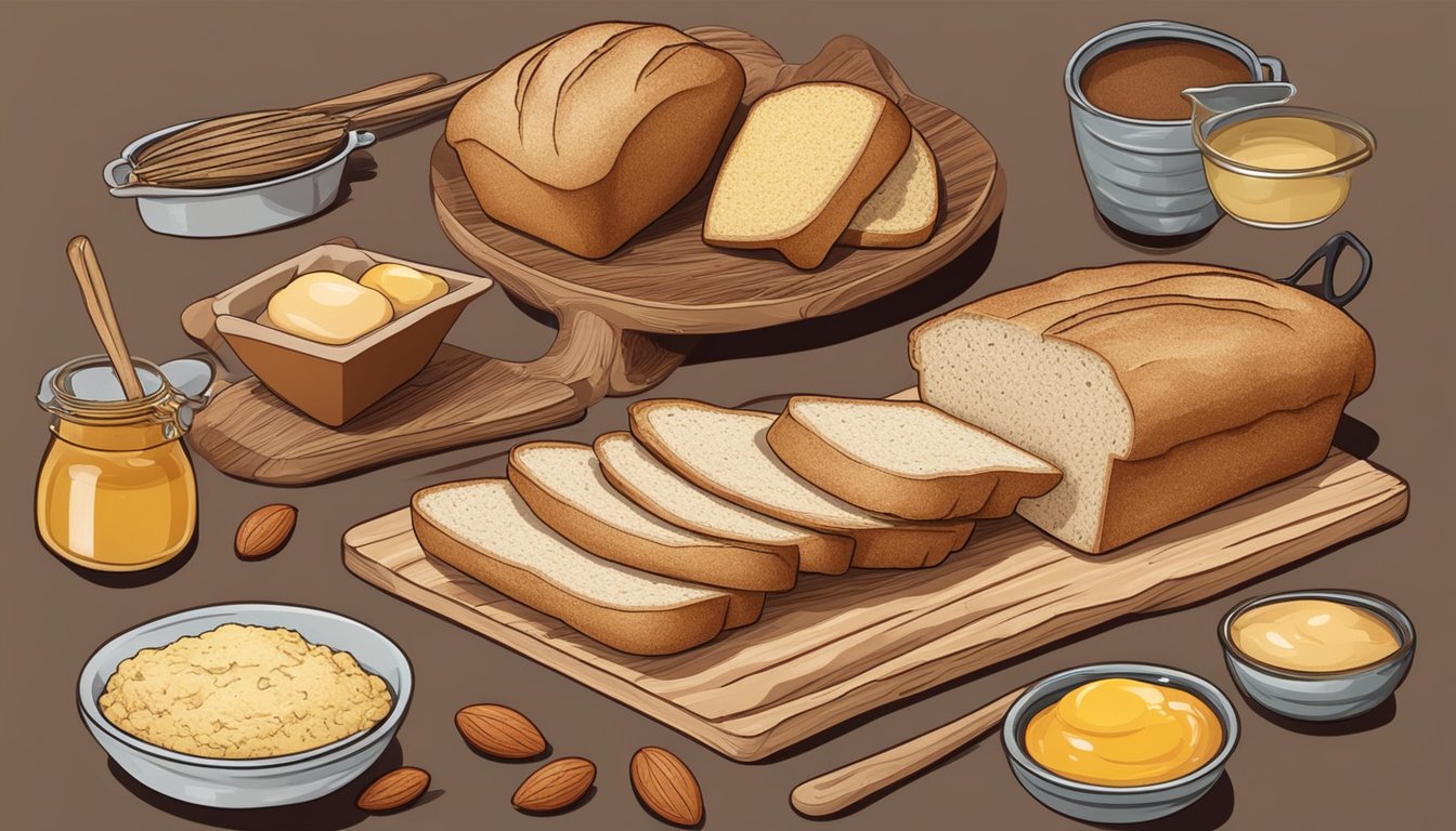 A rustic kitchen counter with a freshly baked loaf of Paleo bread, surrounded by ingredients like almond flour, eggs, and honey