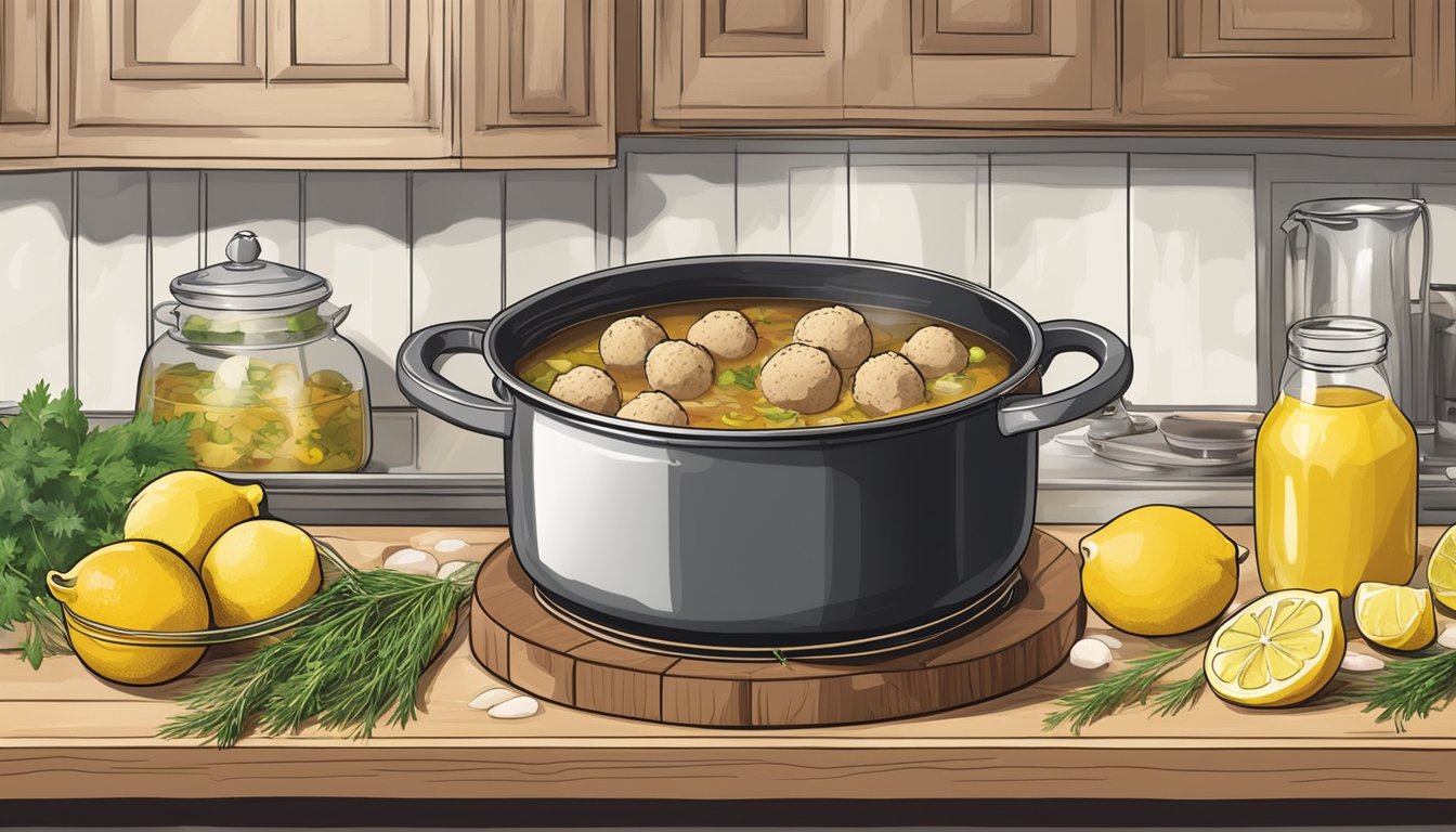 A rustic kitchen with a large pot simmering on the stove, filled with fragrant lemon dill chicken meatball soup. Ingredients scattered on the counter