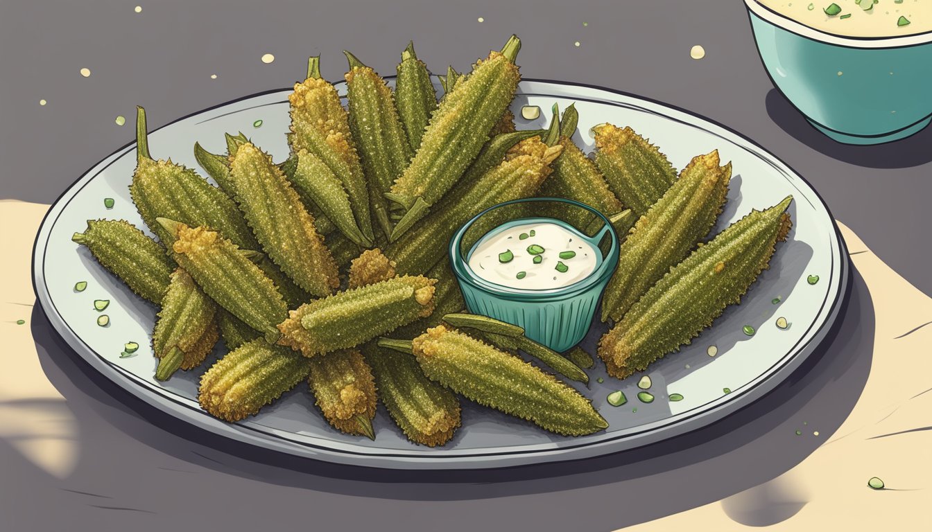 A plate of golden, crispy deep-fried okra served with a side of tangy ranch dressing and a sprinkle of sea salt