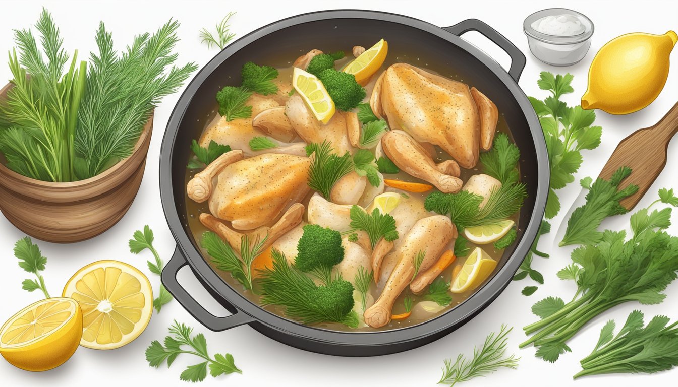 A large pot simmering with chunks of chicken, lemon slices, dill, and other seasonings, surrounded by fresh vegetables and herbs