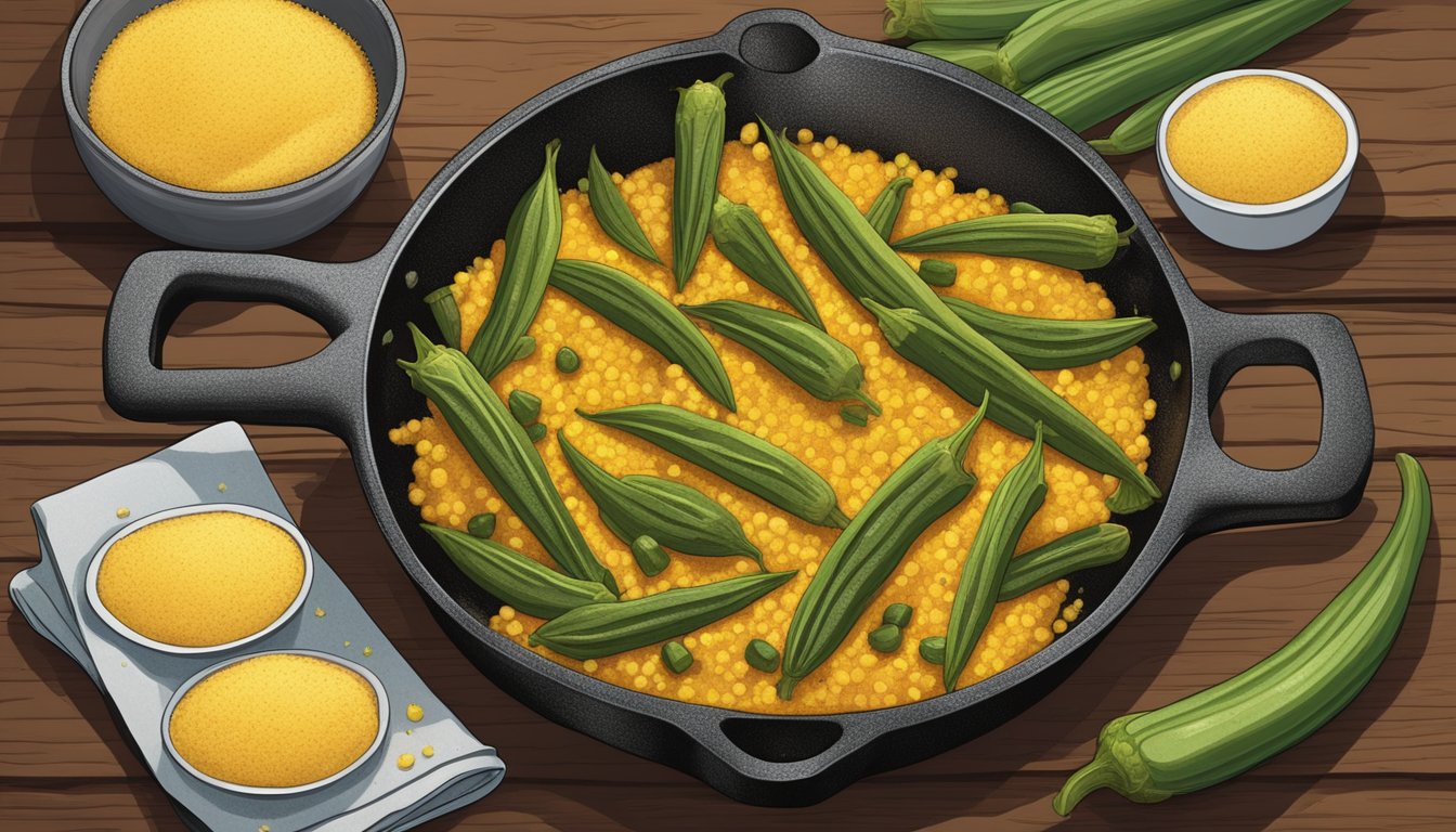 A cast iron skillet sizzles with golden-brown okra pods, surrounded by fresh cornmeal and spices. A modern twist on a classic Texas recipe