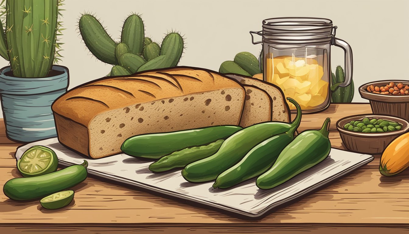 A rustic wooden table with a loaf of Paleo bread, surrounded by Texas-themed ingredients like jalapenos and cactus