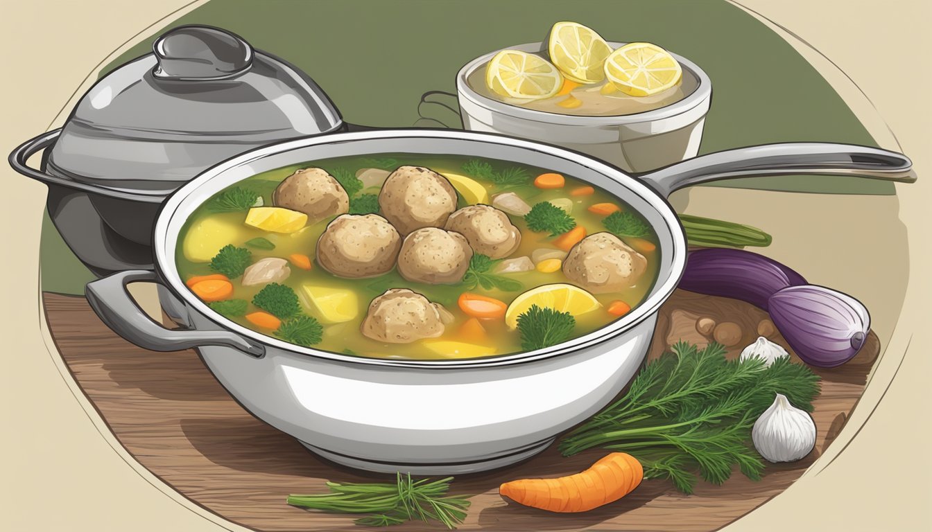 A pot of simmering lemon dill chicken meatball soup with chunks of vegetables and herbs, evoking the flavors and textures of Texas cuisine