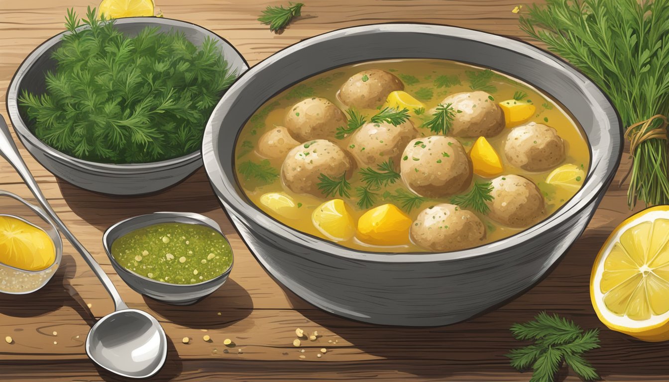 A rustic wooden table set with a steaming bowl of Texas-style lemon dill chicken meatball soup, surrounded by fresh herbs and a sprinkle of lemon zest