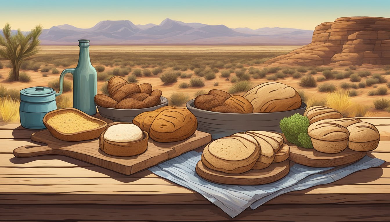 A rustic wooden table with a variety of non-traditional paleo breads, surrounded by Texan desert scenery