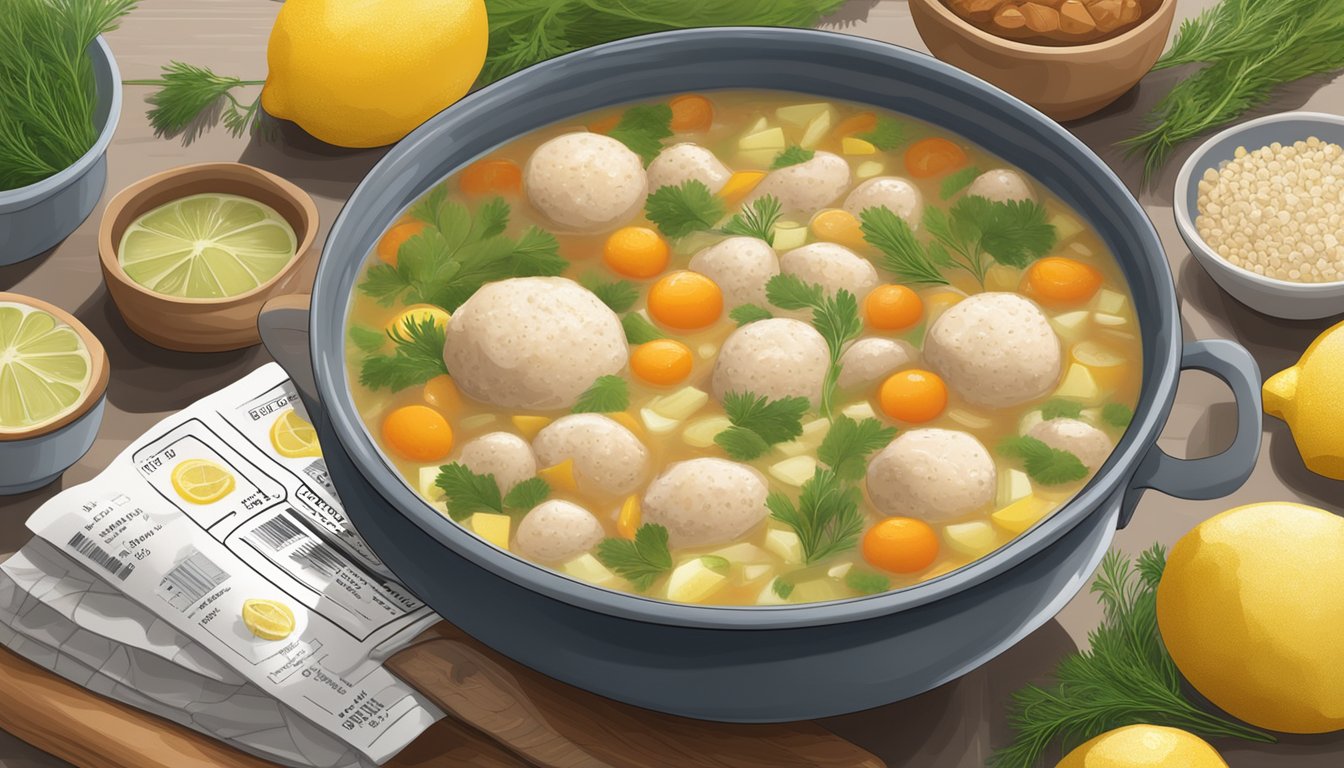 A pot of Texas-style lemon dill chicken meatball soup surrounded by fresh ingredients and a nutrition label