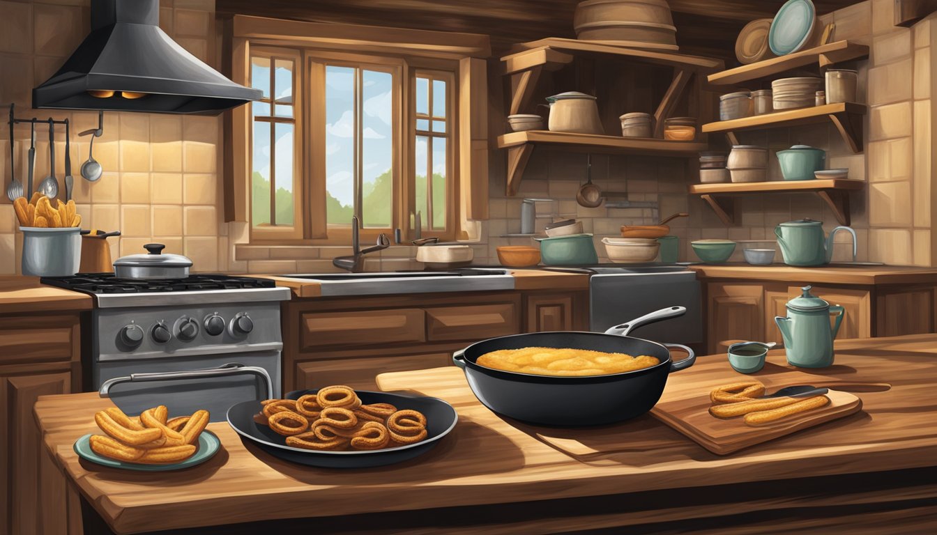 A rustic kitchen with a Texan flair, featuring a cast-iron skillet sizzling with homemade churros. A warm, inviting atmosphere with a hint of nostalgia