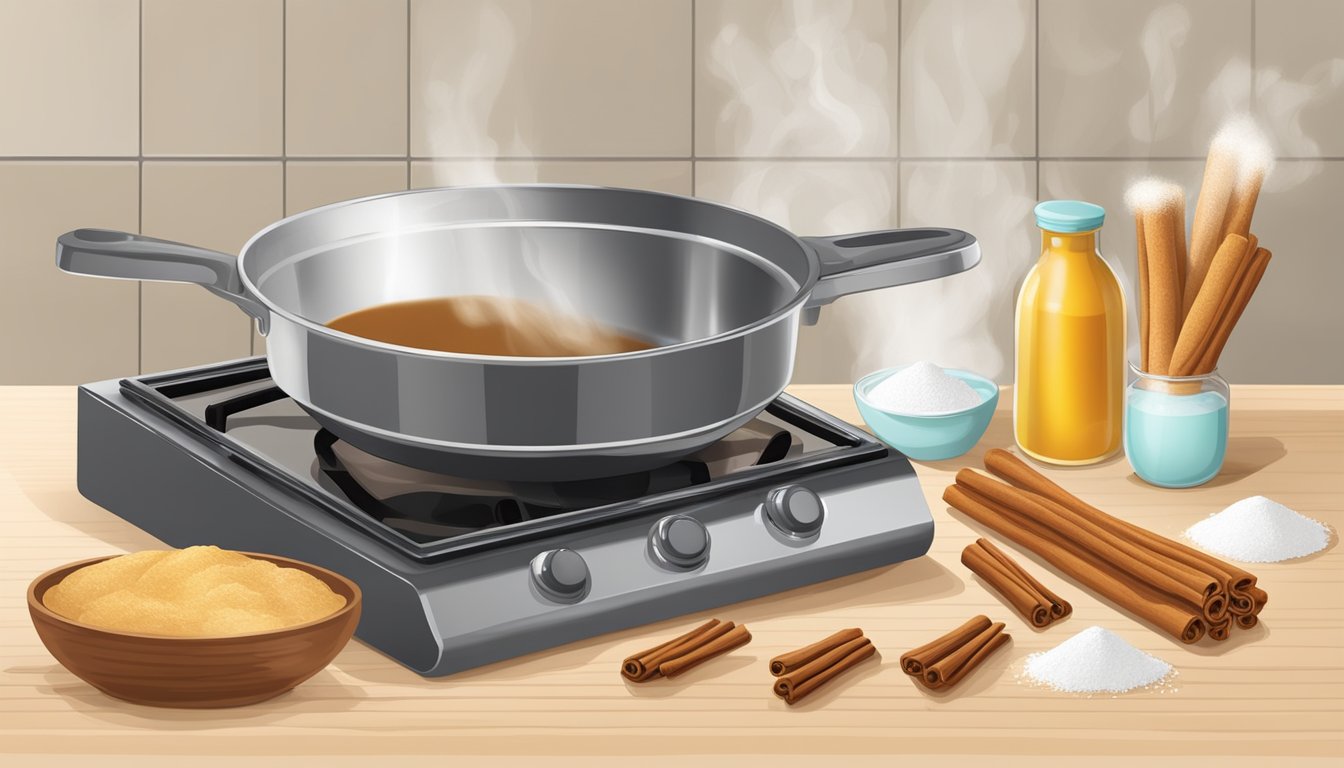 A kitchen counter with a mixing bowl, flour, sugar, and cinnamon. A pot of oil heating on the stove. A piping bag filled with churro dough