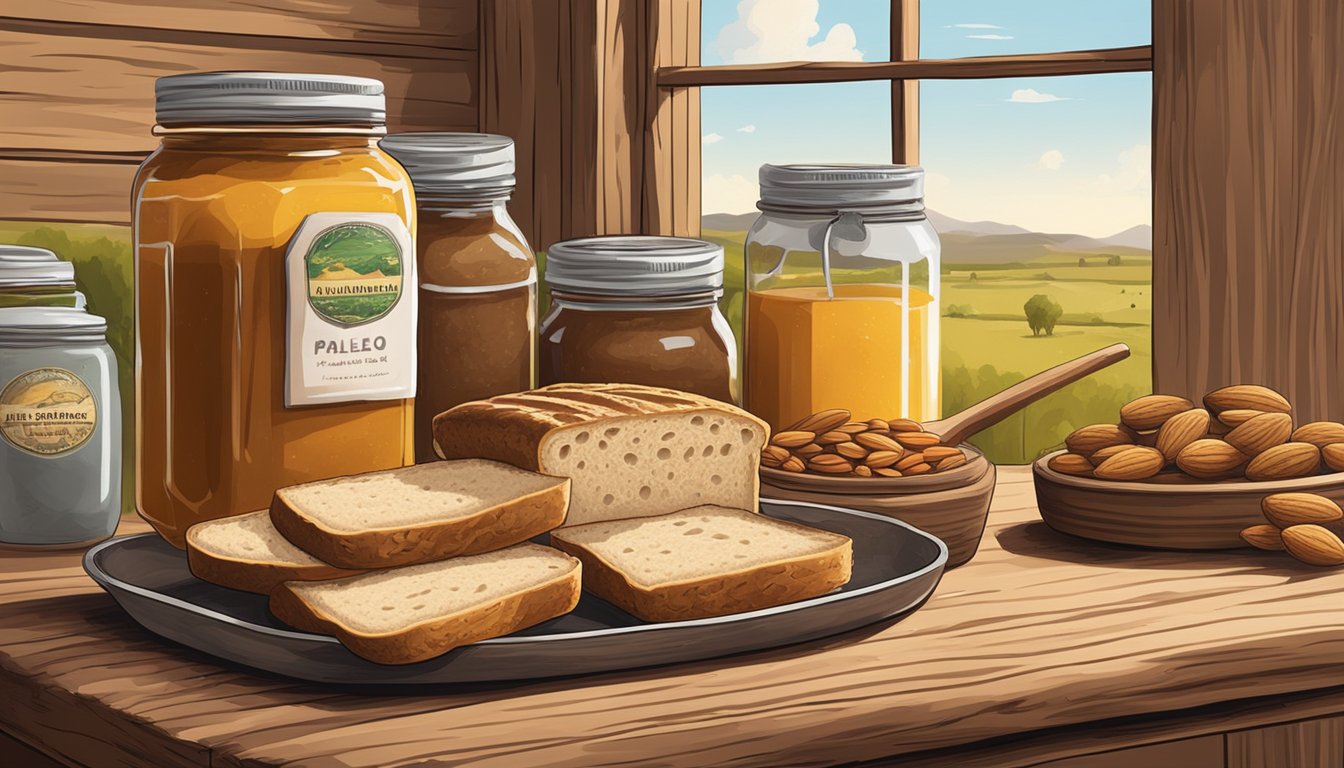 A rustic wooden table with a loaf of freshly baked paleo bread, surrounded by jars of honey and almond butter, set against a backdrop of the Texas countryside