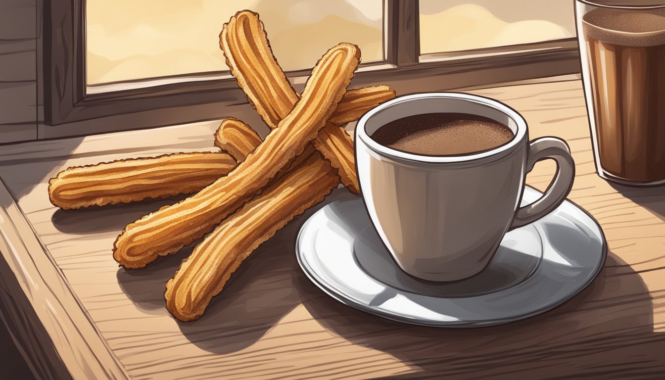 A rustic kitchen counter with a plate of golden, sugar-dusted churros next to a steaming mug of hot chocolate