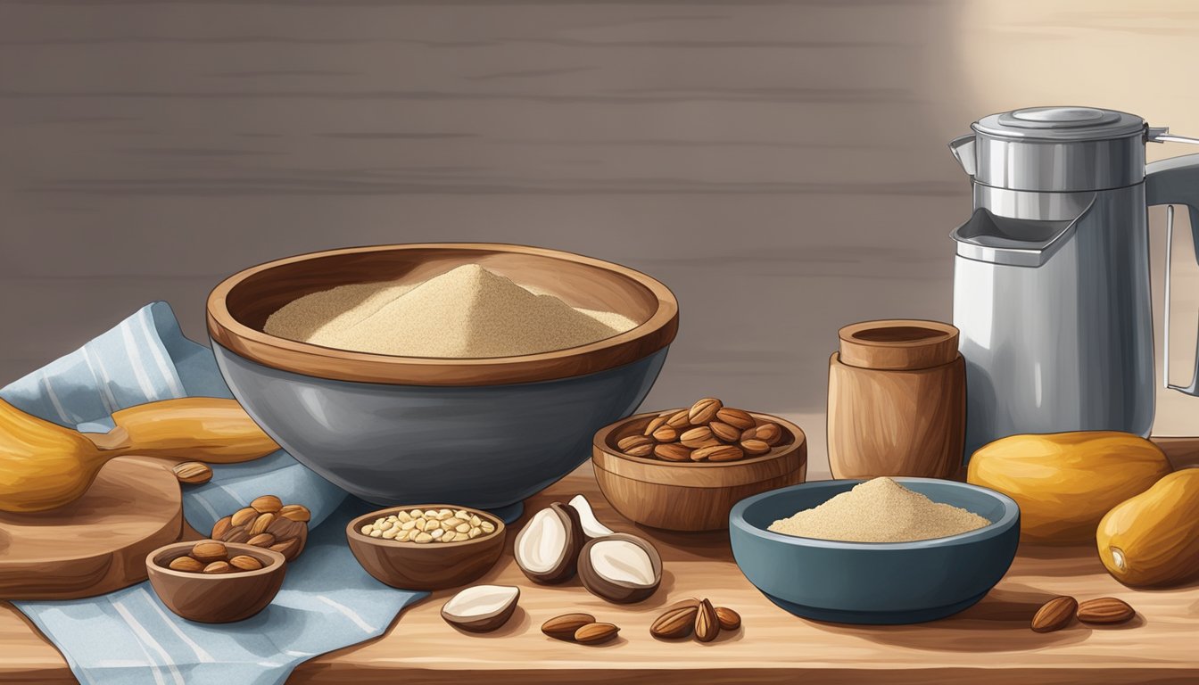 A rustic kitchen counter with a wooden cutting board holding ingredients like maca powder, dates, nuts, and a mixing bowl