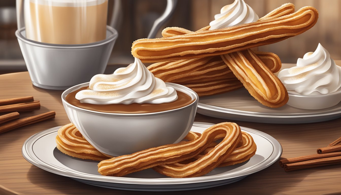 A rustic kitchen counter displays a plate of golden, cinnamon-dusted churros with a dollop of whipped cream and a drizzle of warm caramel sauce