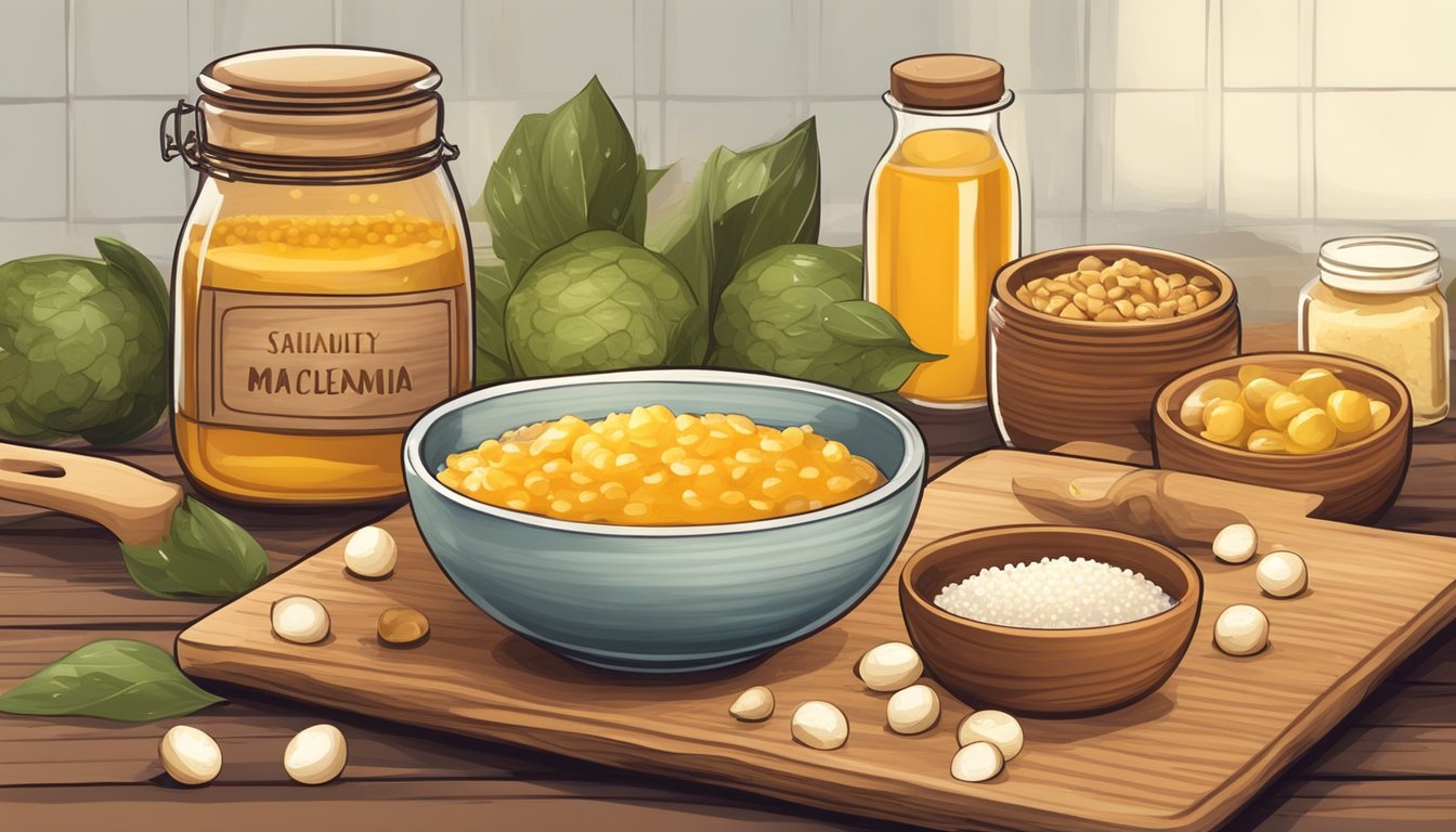 A rustic kitchen scene with a wooden cutting board, a bowl of macadamia nuts, a jar of honey, and a sprinkling of sea salt