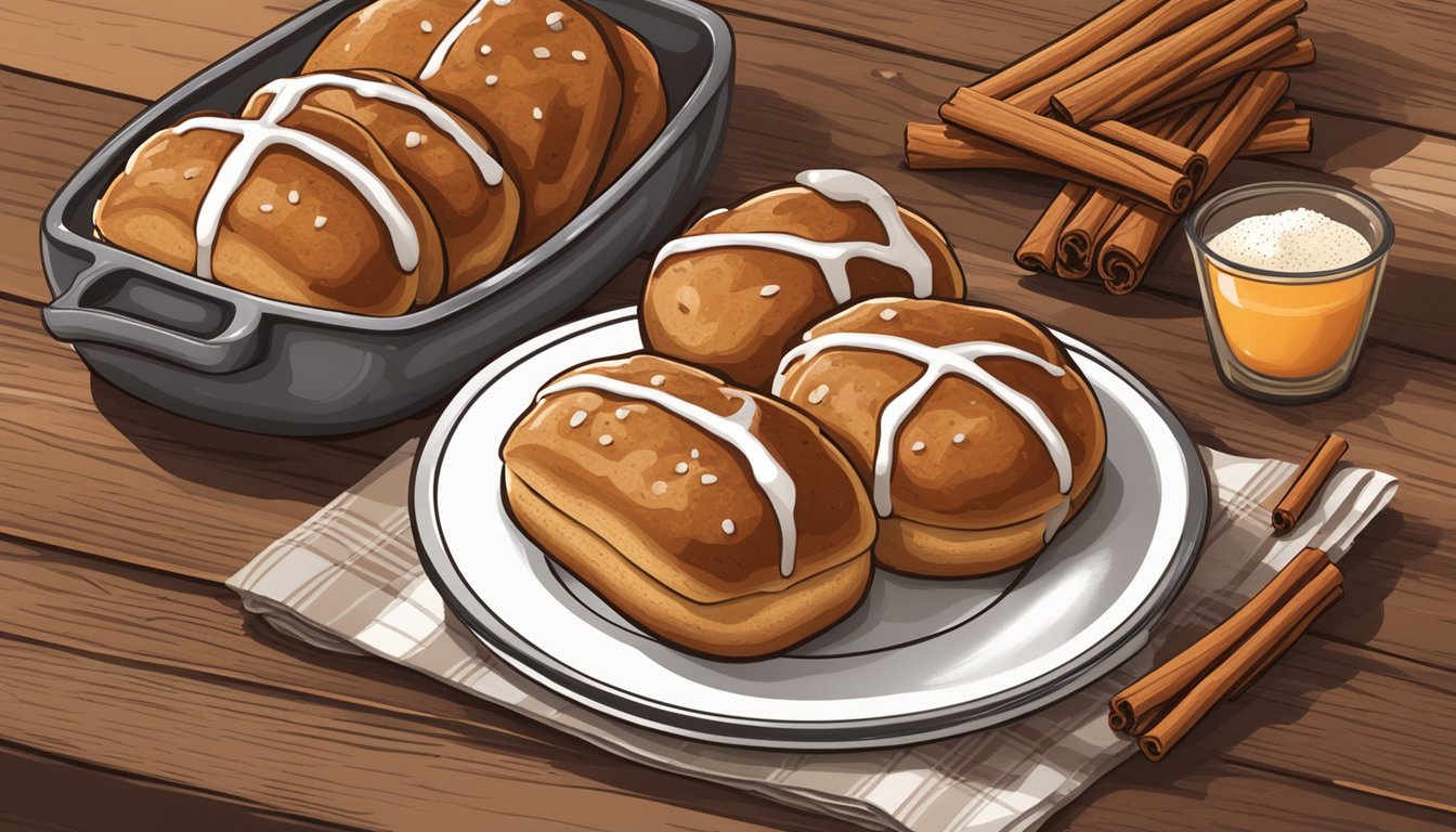 A rustic wooden table set with a plate of Texas-style cinnamon spiced hot cross buns, surrounded by scattered cinnamon sticks and a dusting of powdered sugar