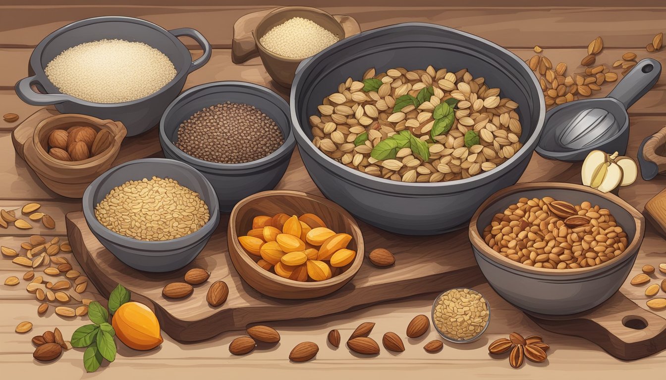 A rustic kitchen scene with a wooden cutting board, mixing bowls, measuring cups, and various kitchen utensils, surrounded by fresh ingredients like nuts, seeds, and dried fruits