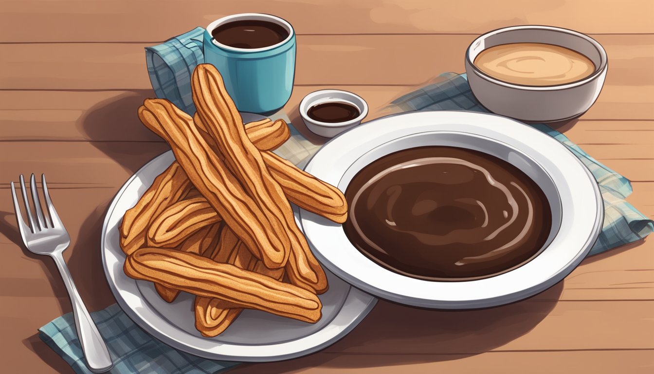 A plate of freshly fried churros sits next to a bowl of cinnamon sugar. A microwave and a container of chocolate dipping sauce are nearby