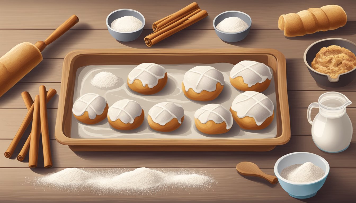 A wooden table covered in flour, with a bowl of dough and a rolling pin. A tray of cinnamon-spiced hot cross buns ready for baking