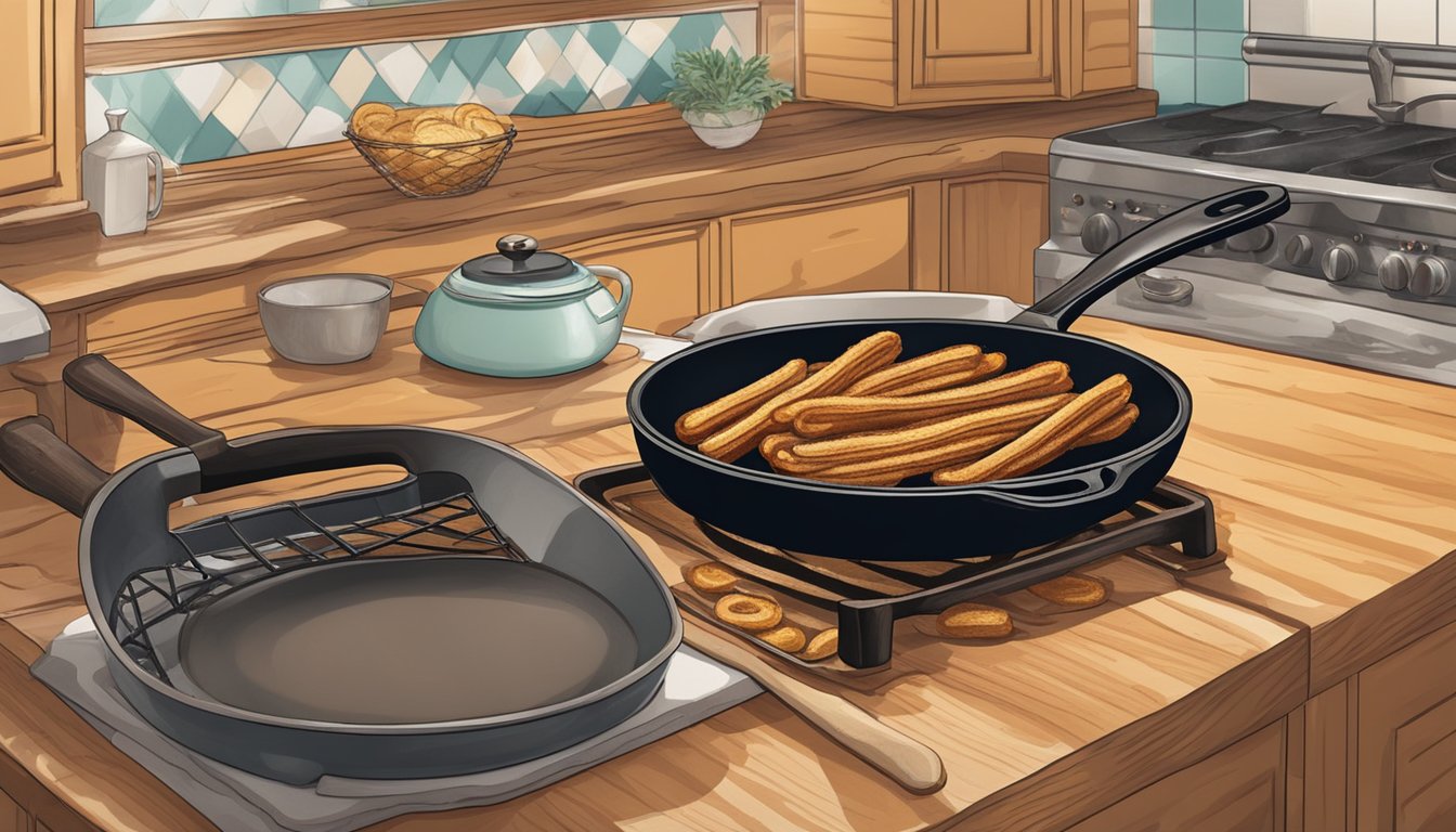 A rustic kitchen counter with a cast iron skillet frying up a batch of golden-brown churros, with a dusting of cinnamon and sugar nearby