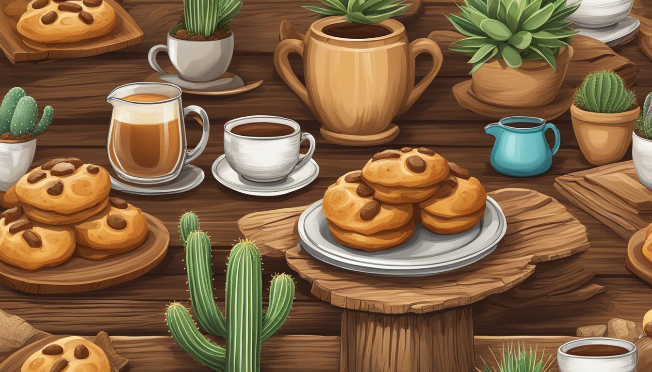 A rustic wooden table adorned with Texas-style cinnamon spiced hot cross buns, surrounded by decorative elements such as cowboy hats, cacti, and horseshoes