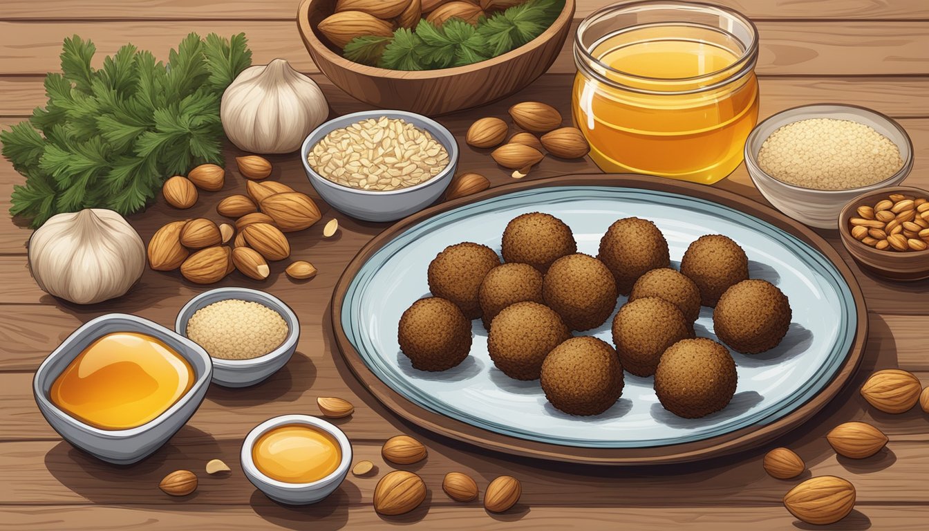 A rustic wooden table with a plate of Texas-style maca balls surrounded by fresh ingredients like nuts, oats, and honey