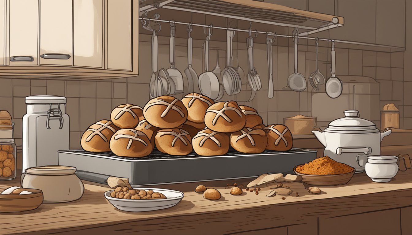 A rustic kitchen counter with freshly baked hot cross buns cooling on a wire rack, surrounded by Texas-inspired cinnamon and spice ingredients