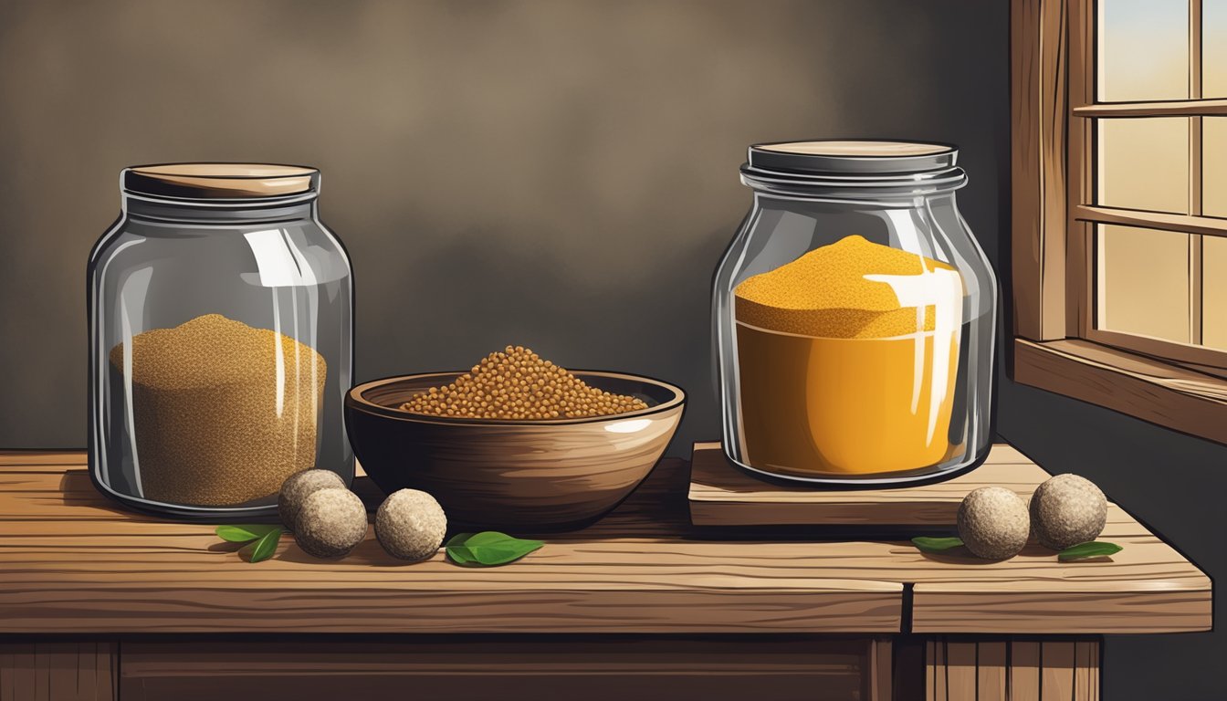 A rustic kitchen with jars of spices, a wooden cutting board, and a bowl of maca balls on a weathered shelf