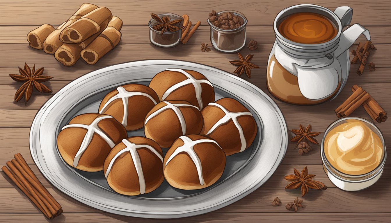 A rustic wooden table with a platter of steaming hot cross buns, surrounded by jars of cinnamon and spices