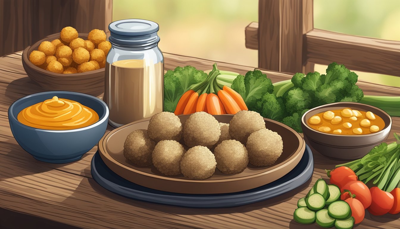 A rustic wooden table with a plate of golden brown maca balls, surrounded by fresh vegetables and a jar of homemade dipping sauce