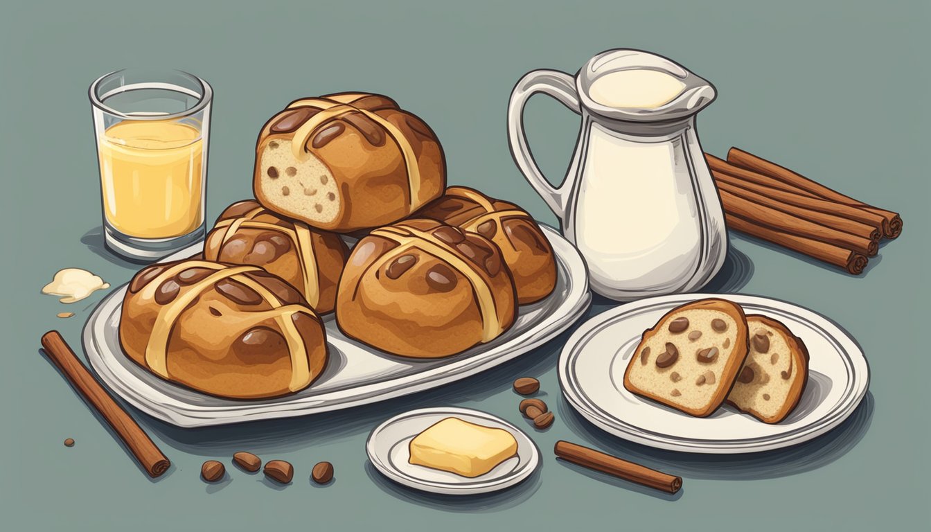 A table set with a plate of Texas-style cinnamon spiced hot cross buns, surrounded by ingredients like cinnamon sticks, sugar, and butter