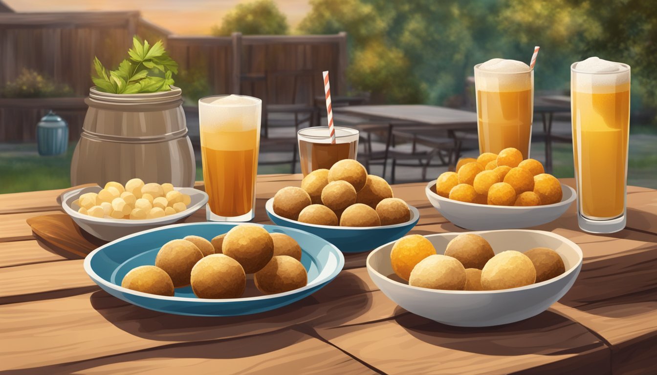 A rustic wooden table with a spread of Texas-style maca balls and assorted drinks, set against a backdrop of a cozy kitchen or outdoor picnic setting