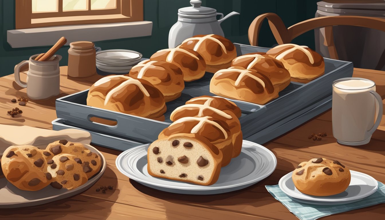 A rustic kitchen table with a tray of freshly baked Texas-style cinnamon spiced hot cross buns, surrounded by scattered ingredients and a warm, inviting atmosphere