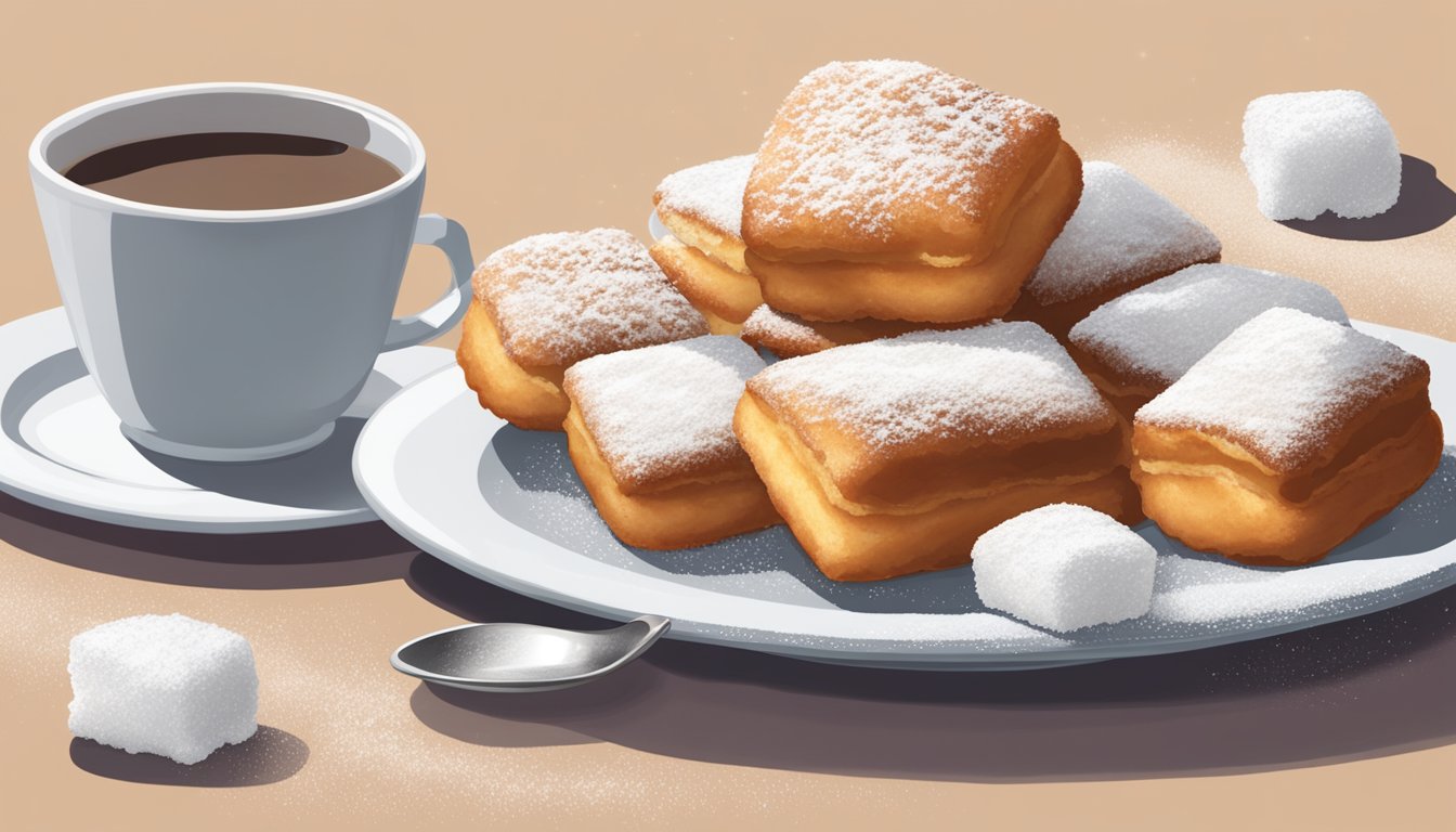 A table with a plate of fluffy, square Texas-style beignets next to a plate of round, powdered New Orleans-style beignets