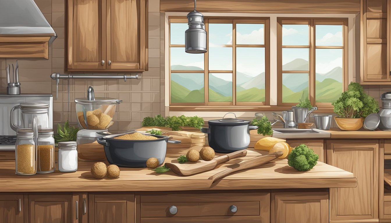 A rustic kitchen counter with ingredients and utensils for making Texas-style maca balls