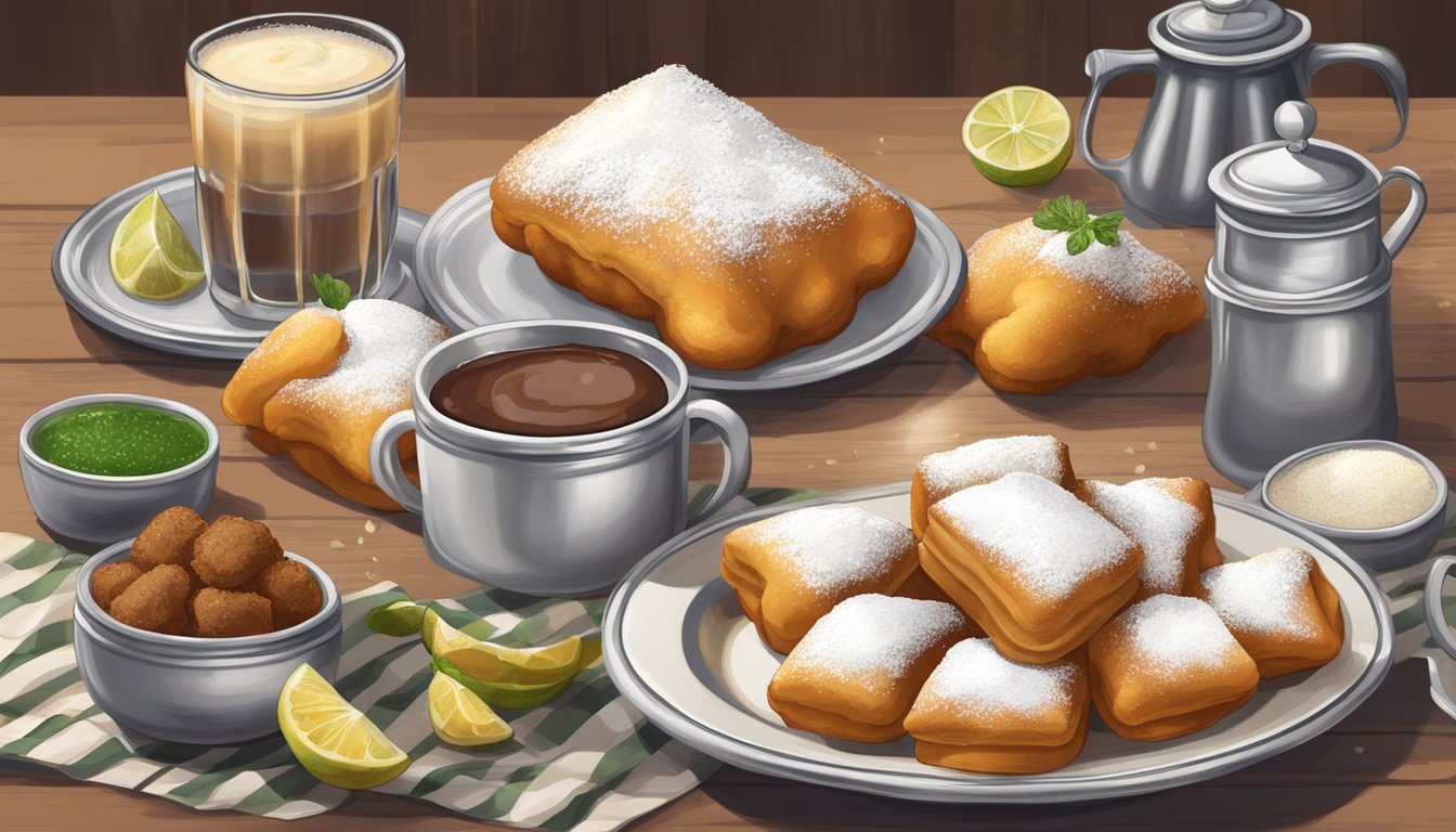 A table set with a plate of Texas-style and New Orleans-style beignets, surrounded by key ingredients and alternative options