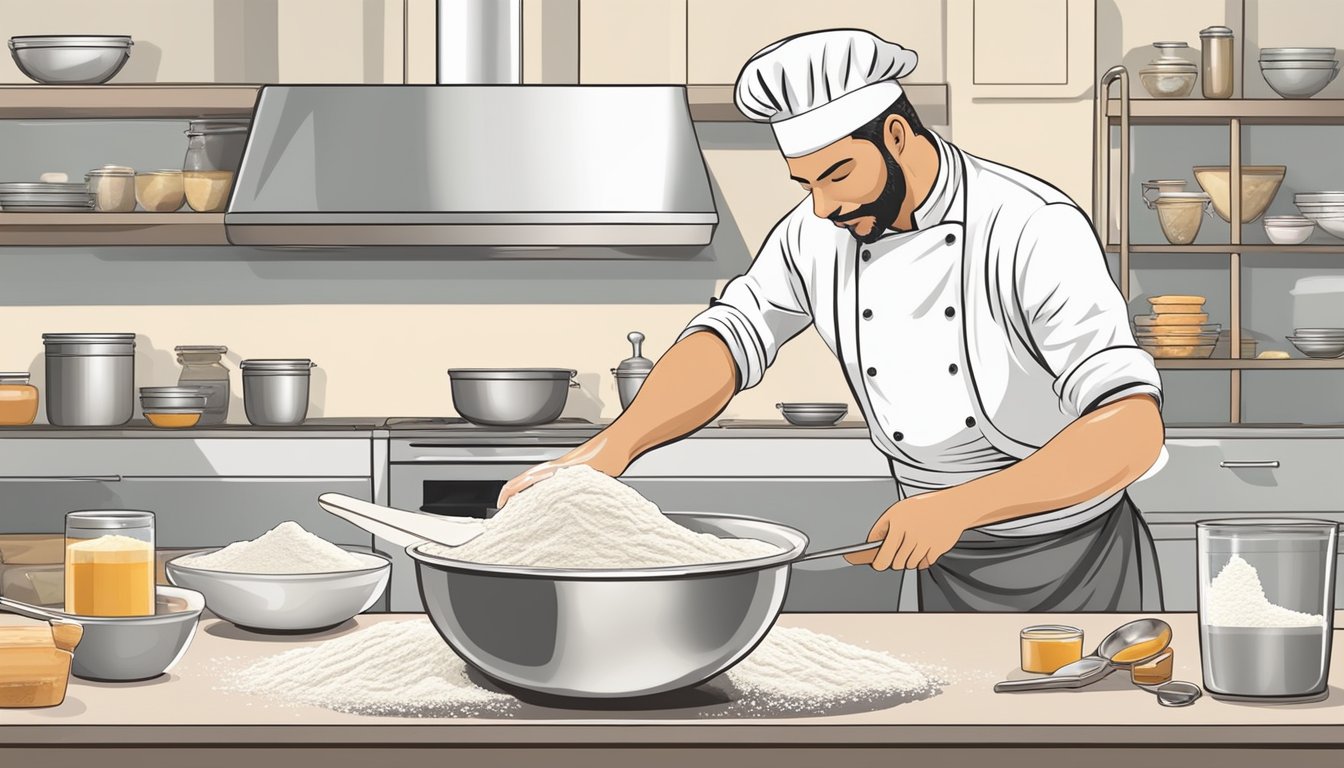 A chef mixes flour, sugar, and spices in a large bowl, adding in buttermilk and kneading the dough until smooth