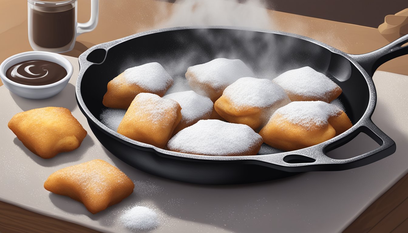 A chef in a Texas kitchen fries beignets in a cast iron skillet, while powdered sugar sits nearby