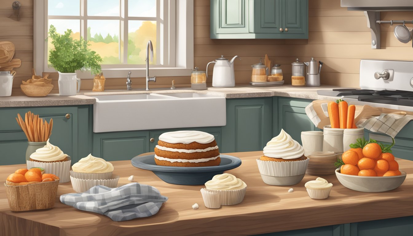 A rustic kitchen counter with freshly baked carrot cupcakes topped with creamy icing, surrounded by scattered ingredients and a Texas-themed apron