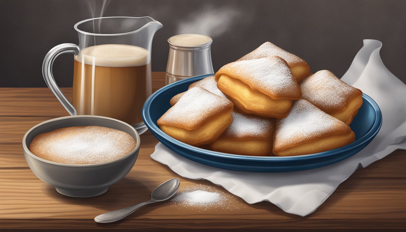 A platter of golden brown beignets, dusted with powdered sugar, sits on a rustic wooden table next to a pitcher of steaming chicory coffee