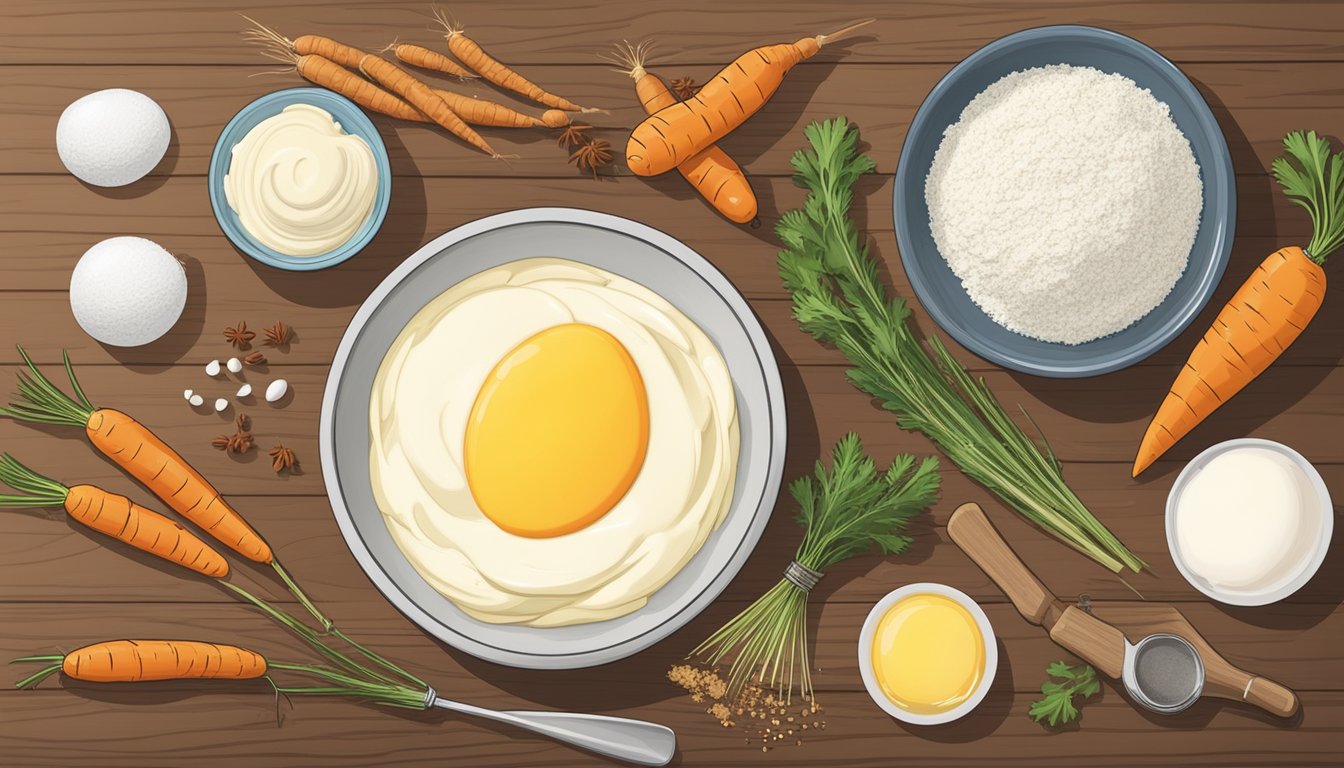 Carrots, flour, sugar, eggs, and spices arranged on a wooden table next to a mixing bowl and whisk. Cream cheese and butter sit nearby