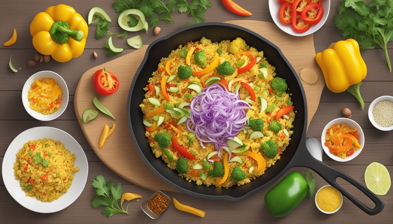 A sizzling skillet of golden turmeric cauliflower fried rice with colorful bell peppers and onions, surrounded by Texas-inspired ingredients and alternative substitutions