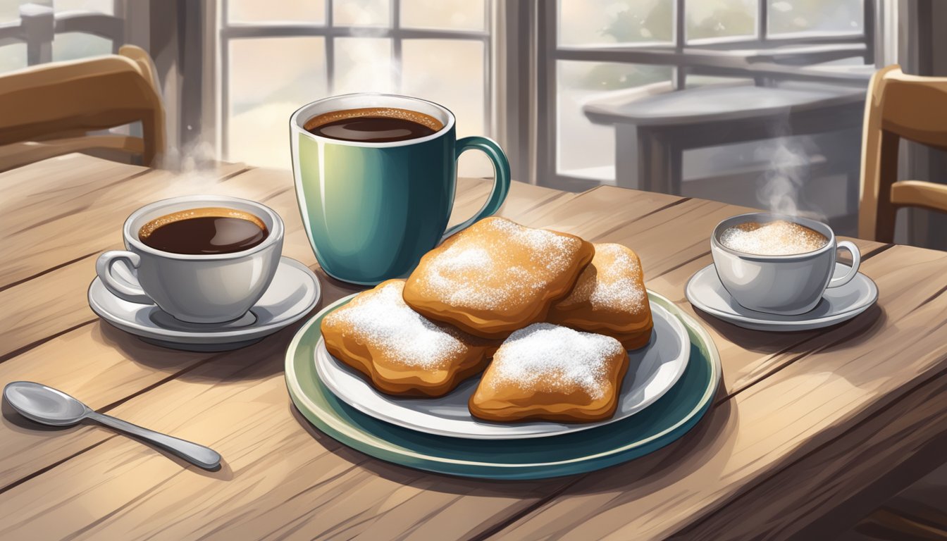 A rustic kitchen table with a pile of powdered sugar, a plate of golden brown beignets, and a steaming cup of coffee