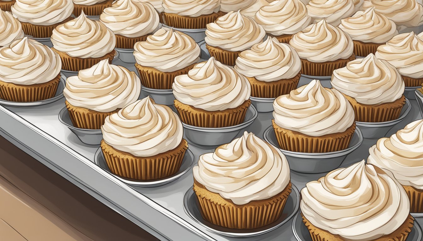 A table with freshly baked carrot cupcakes topped with creamy Texas-style cream cheese frosting, ready to be served