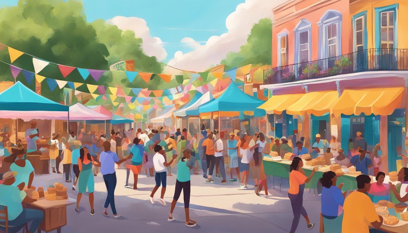 A colorful street festival with lively music, vibrant decorations, and people enjoying Texas and New Orleans-style beignets